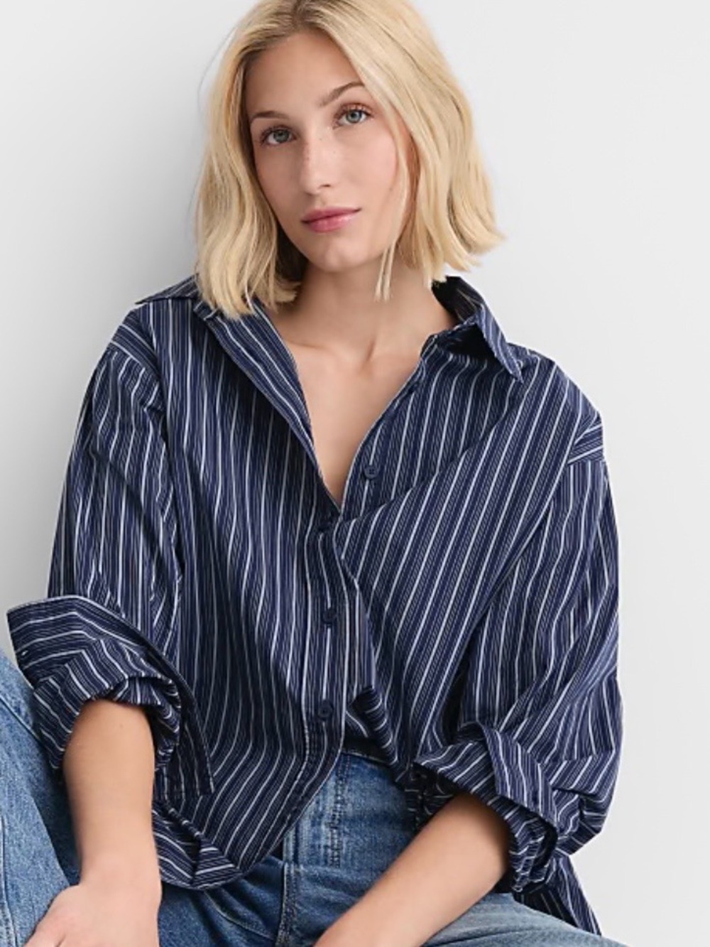 **New** LOFT Striped Navy Button-Down Poplin Shirt - Petite Large